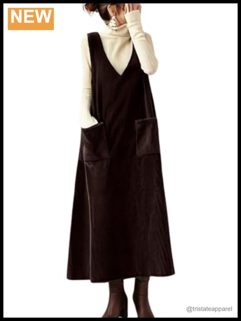 Corduroy Overall Midi Dress V-Neck A-Line Sleeveless Pinafore with Pockets